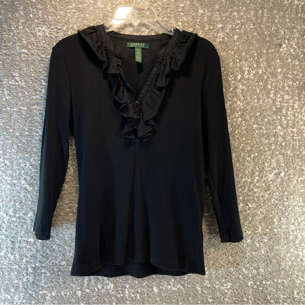 Lauren Ralph Lauren Women 3/4 Long‎ Sleeve Black Shirt Cotton.